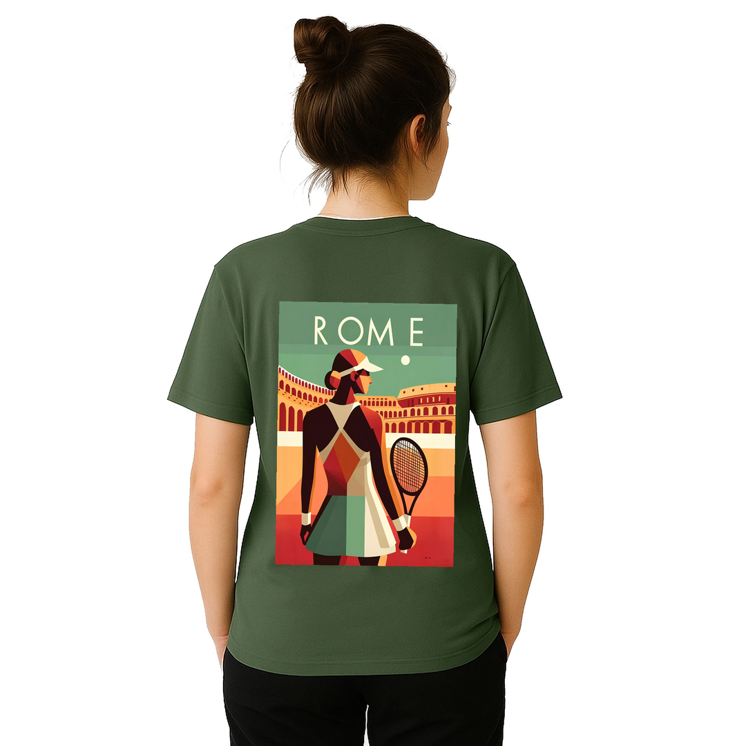 情熱的なファンとスタイリッシュなアスリートのためにデザインされたローマテニスTシャツ。コート内外での着用に最適な鮮やかなテニスグラフィックが特徴。柔らかく通気性のあるコットン素材で快適さを提供します。