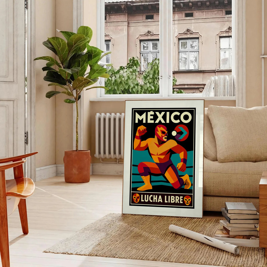 Affiche vibrante thème lucha libre mexicaine couleurs rouge orange saisissantes une touche dynamique espace œuvre incontournable passionnés sport culture A4 cm A0