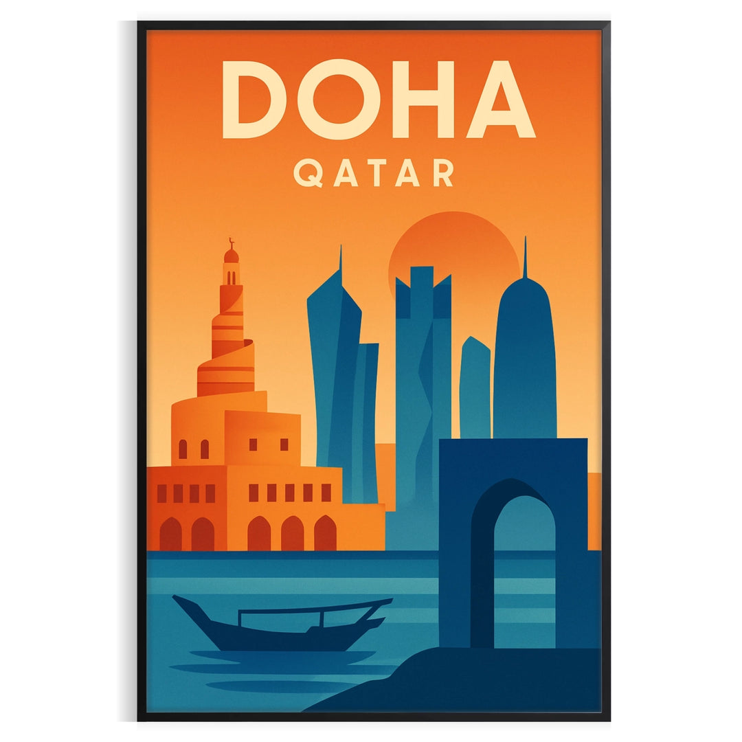 Poster showing vibrant Doha skyline in space-themed abstract style with green and orange tones