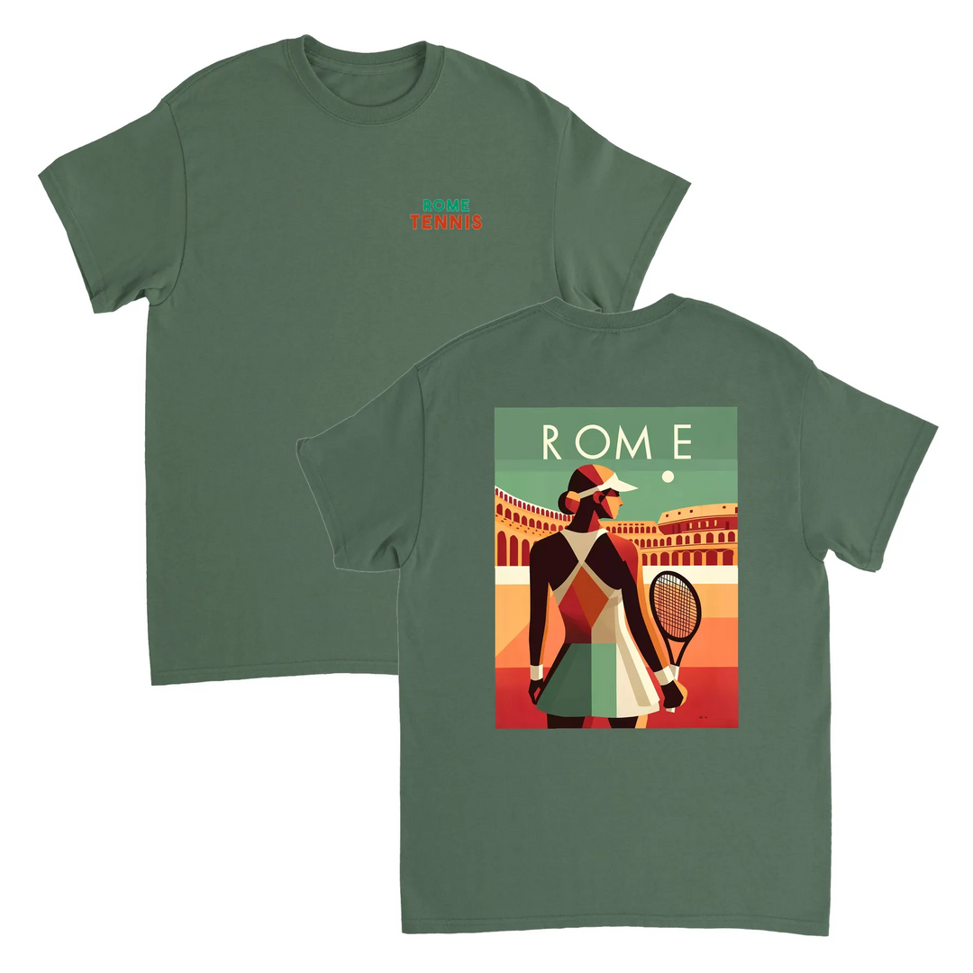 情熱的なファンとスタイリッシュなアスリートのためにデザインされたローマテニスTシャツ。コート内外での着用に最適な鮮やかなテニスグラフィックが特徴。柔らかく通気性のあるコットン素材で快適さを提供します。