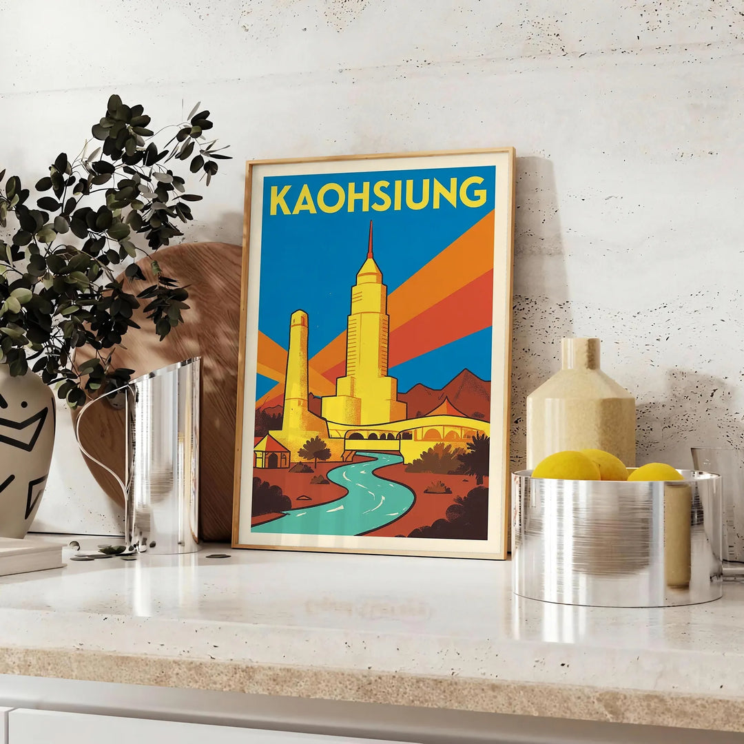 Póster vintage Art Deco de Kaohsiung, Taiwán, en azul y blanco, ideal para decorar cualquier espacio con nostalgia y eleganci