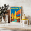 Póster vintage Art Deco de Kaohsiung, Taiwán, en azul y blanco, ideal para decorar cualquier espacio con nostalgia y eleganci