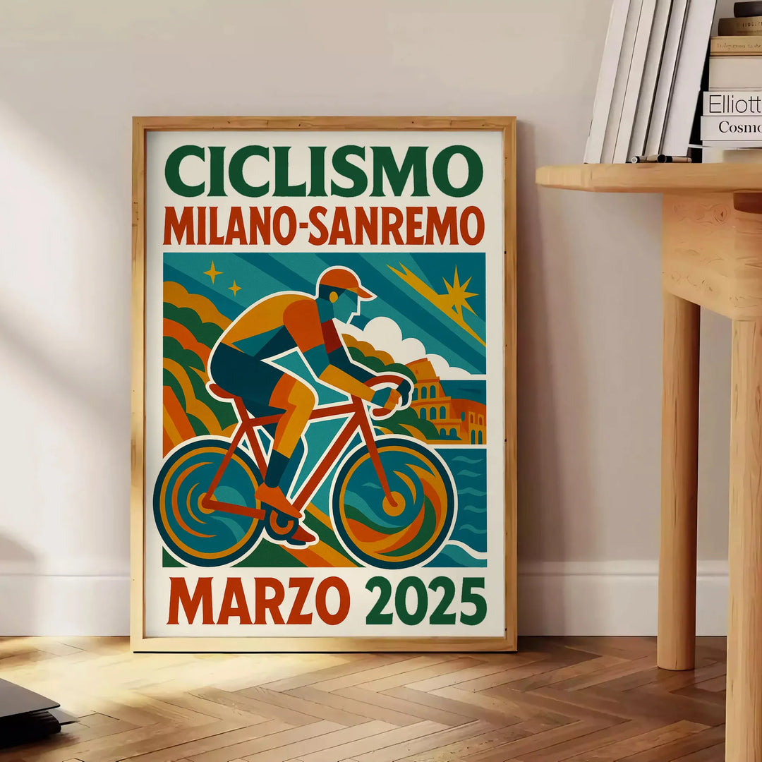 Fira spänningen från Milano Sanremo cykeltävlingen med vår livfulla poster i stark röd och blå. Perfekt för cykelentusiaster