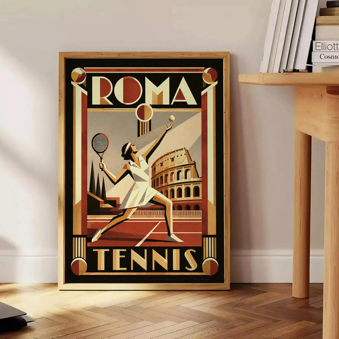 Roma Tennis Poster in lebendigen Rot- und Grüntönen, ideal für Sportliebhaber. Erhältlich in 50x70 oder 30x40, gerahmt oder u