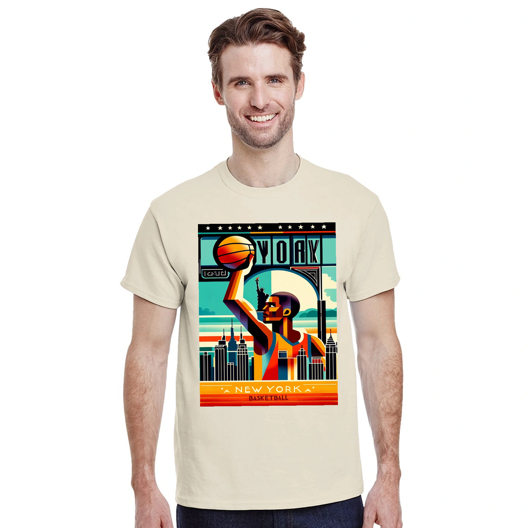 ニューヨークのバスケットボールをテーマにしたTシャツ。快適なコットン素材で、カジュアルな外出や試合の日に最適です。
