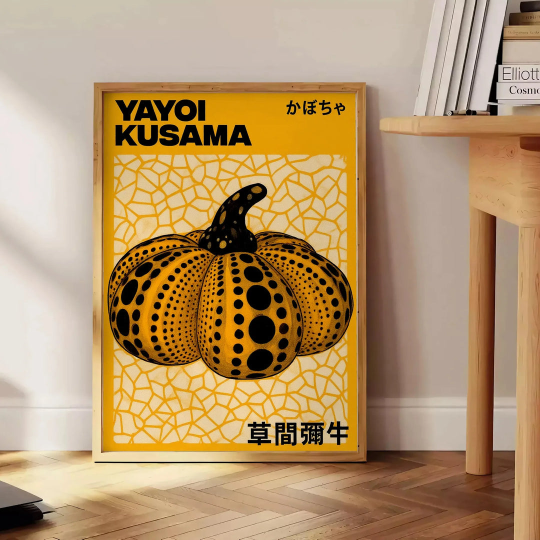 Krāsains ķirbju motīvu plakāts, iedvesmots no Yayoi Kusama stila, pieejams 50x70 vai 30x40 izmērā, ideāls mākslas mīļotājiem
