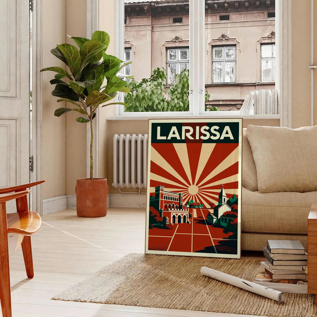 Poster di Larissa, Grecia in stile Art Déco, toni grigio e arancione