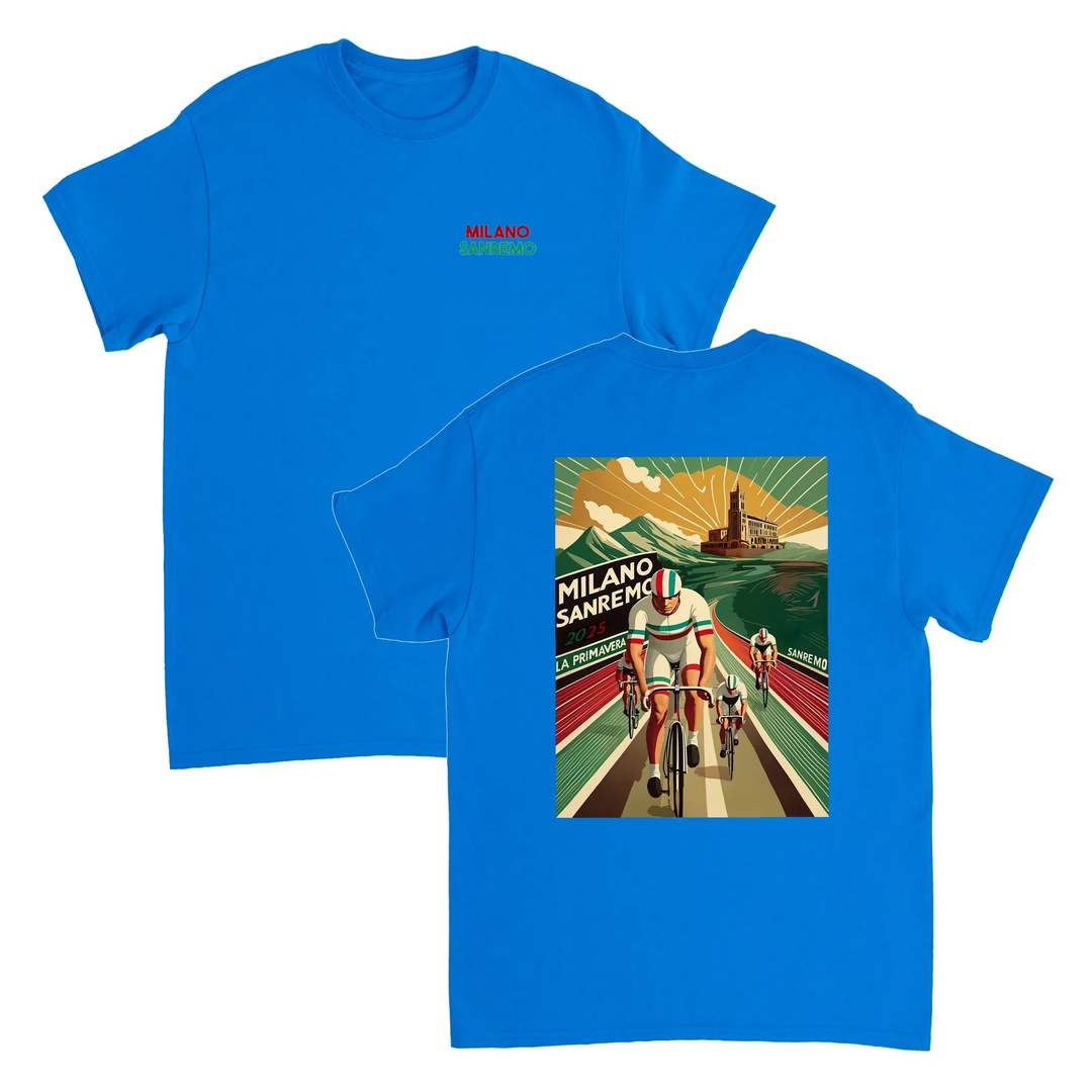 Koszulka Milano Sanremo z unikalnym wzorem, idealna dla miłośników kolarstwa. Dostępna w rozmiarach S, M, L, XL