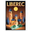 Poster vintage Art Déco Liberec con veduta urbana stilizzata giallo e verde
