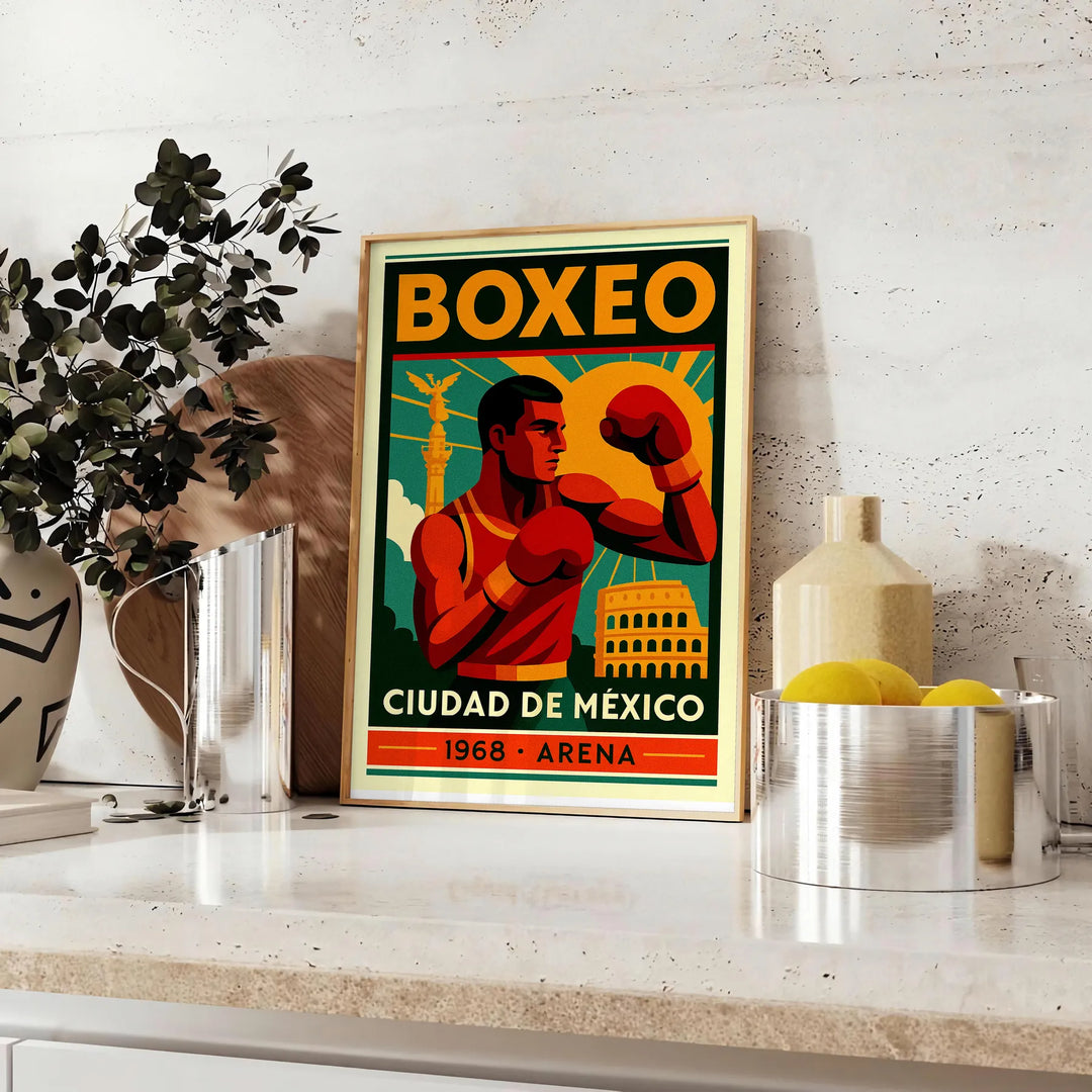 Slående affisch med boxningsmotiv inspirerad av Mexiko, i djärva röda och svarta färger. Perfekt för sportälskare