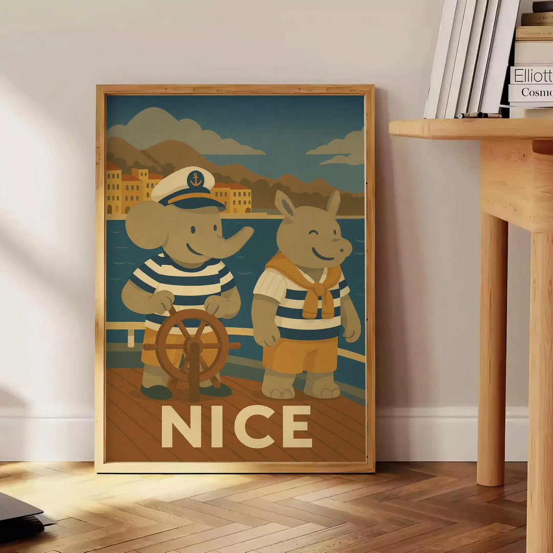 子供部屋にぴったりな象とサイが帆船に乗っているポスター。美しいグレーとブラウンのイラストで、50x70または30x40のサイズで提供。