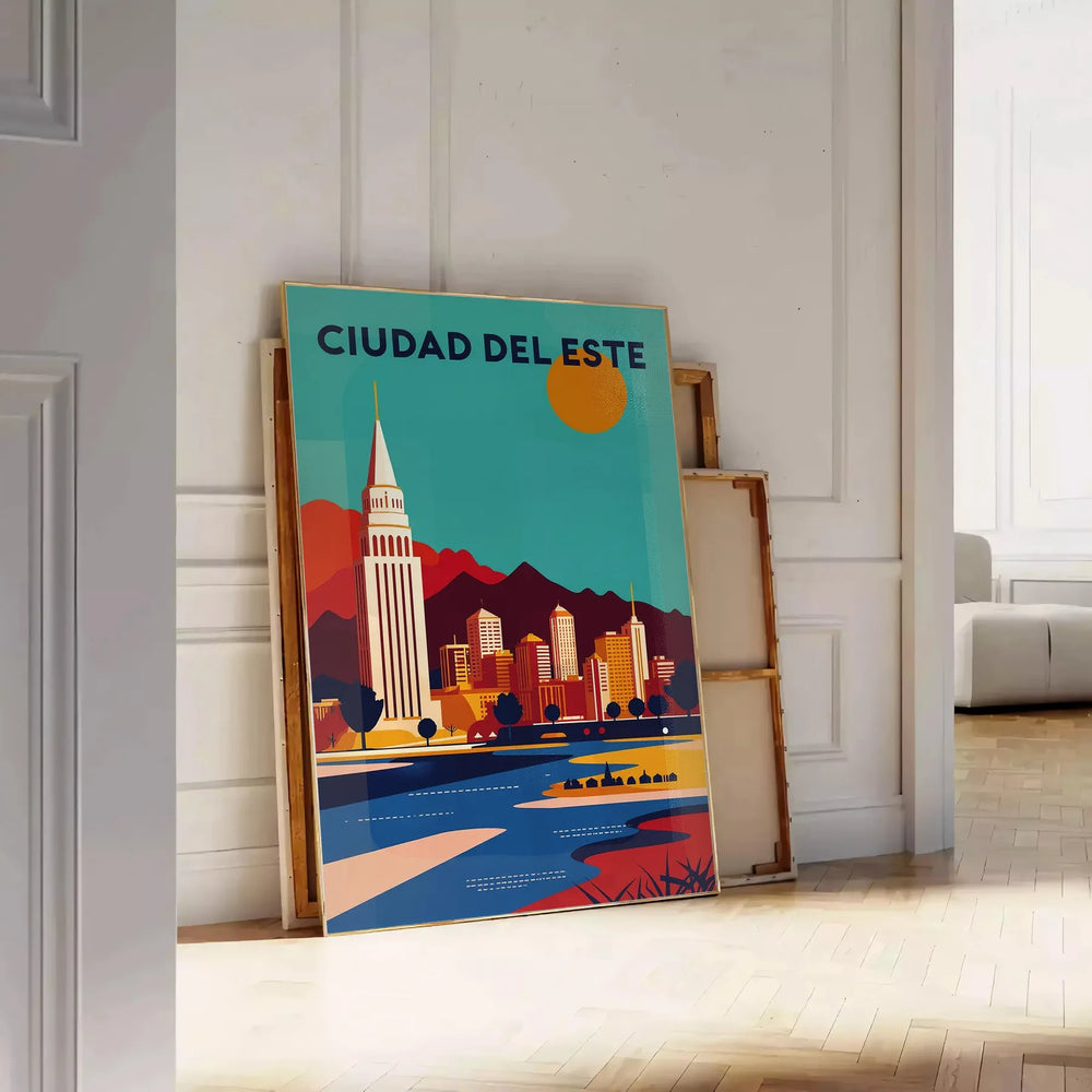 vibrant charm Ciudad del Este Paraguay stunning Art Déco vintage poster warm orange brown tones artwork perfect retro flair space eye piece dimensions cm A4 A0