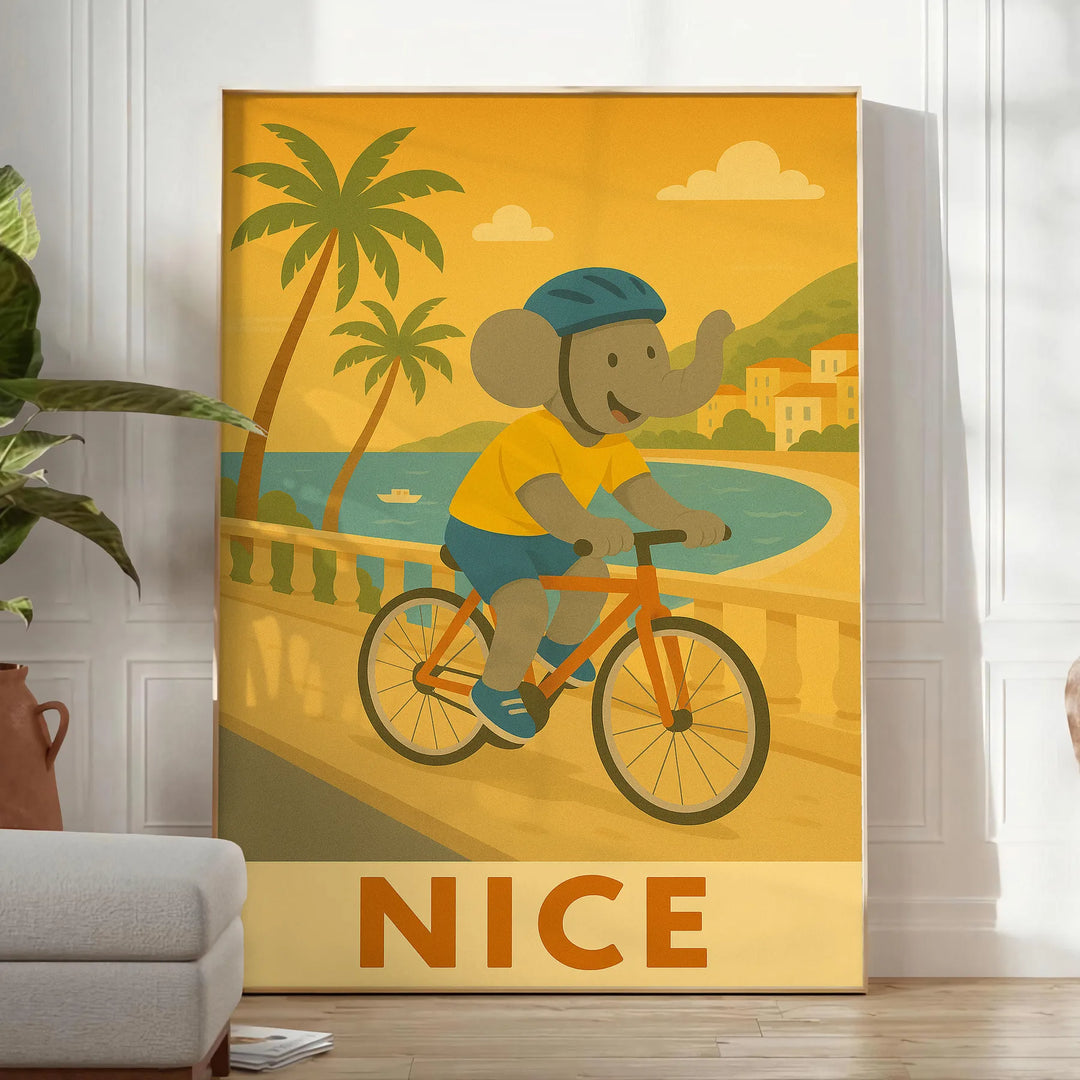 whimsical charm Kid Elephant Cycling poster playful gray vibrant green hues kids rooms nurseries delightful design measures touch joy space