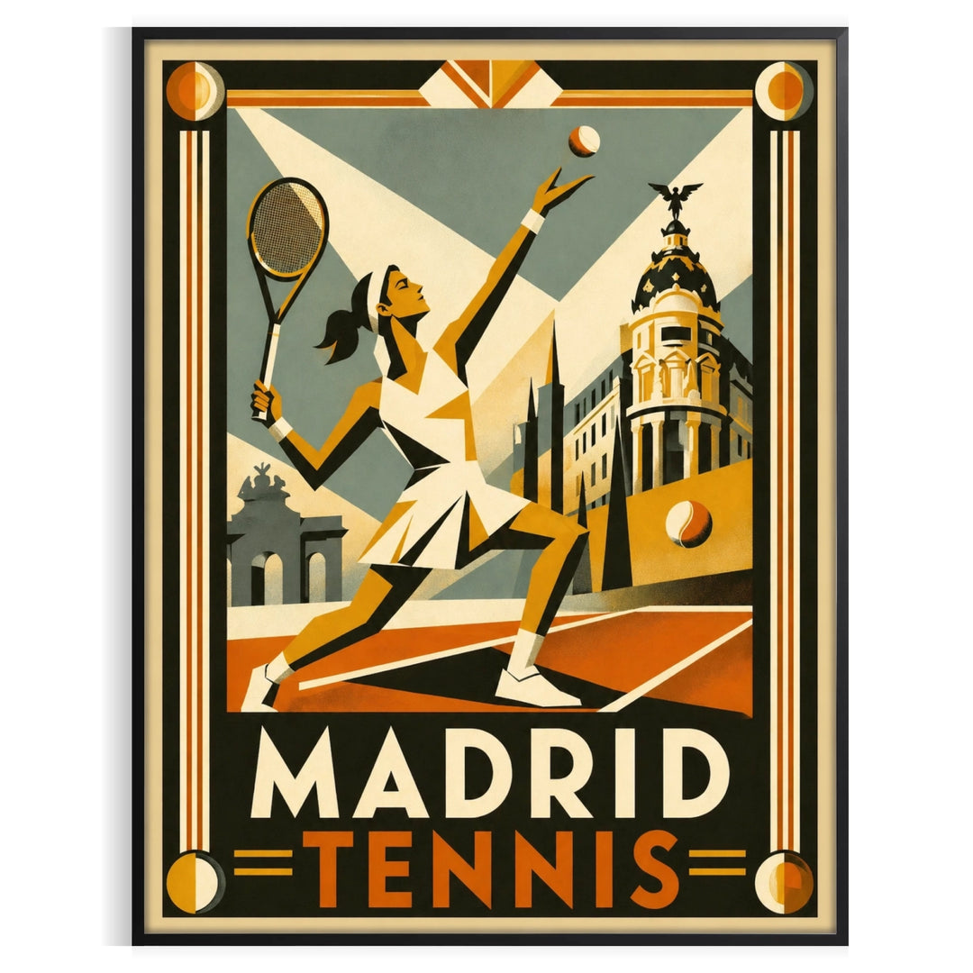 Dynamic tennis player in action, bold black and green colors, Madrid