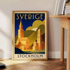 Vintage Reiseplakat von Stockholm, Schweden im Art Deco Stil, mit auffälligen Schwarz- und Rottönen, erhältlich in verschiede