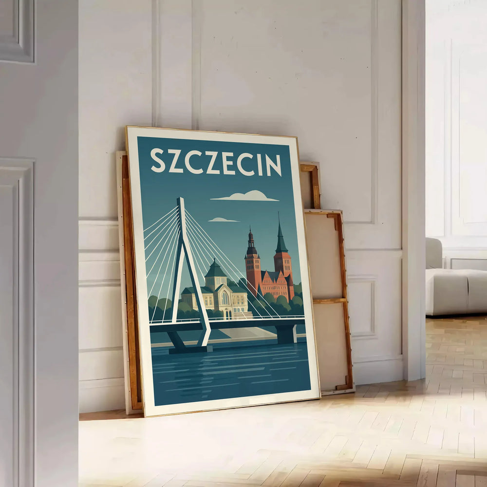 Poster of Szczecin city skyline artwork in orange and green tones