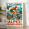 Affiche captivante cyclisme Alpes françaises Tour France teintes vibrantes rouge bleu intérieur passionnés formats cm pièce unique disponibles A4 A0