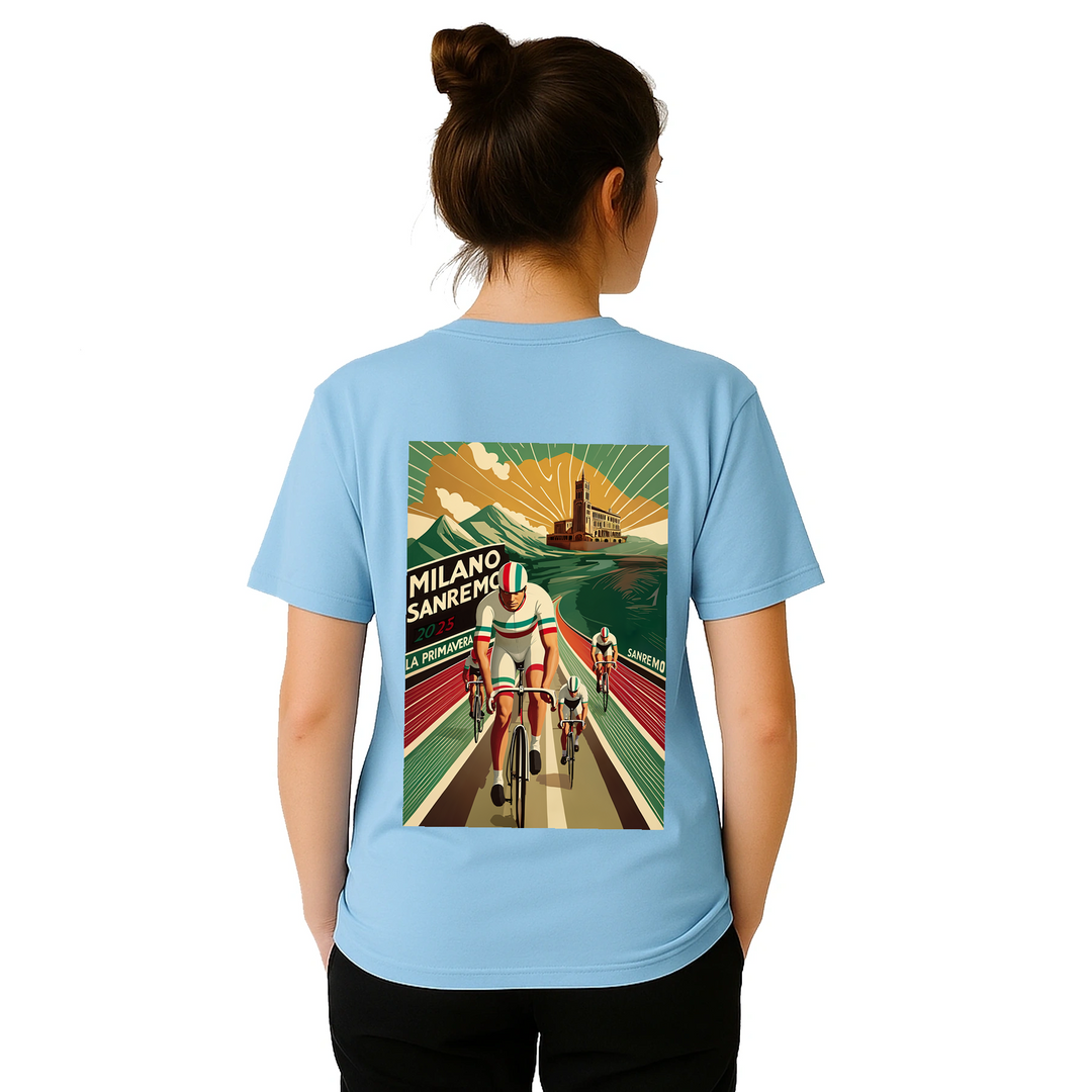 Koszulka Milano Sanremo z unikalnym wzorem, idealna dla miłośników kolarstwa. Dostępna w rozmiarach S, M, L, XL