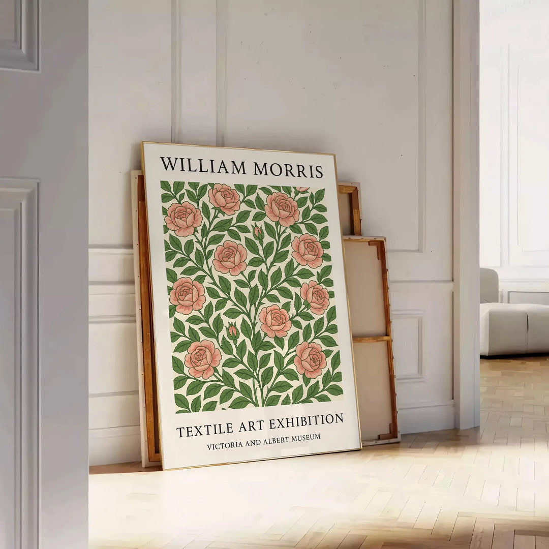 William Morris botanisk affisch med vintage tryck i grå och orange nyanser, perfekt för botaniska affischentusiaster. Finns i