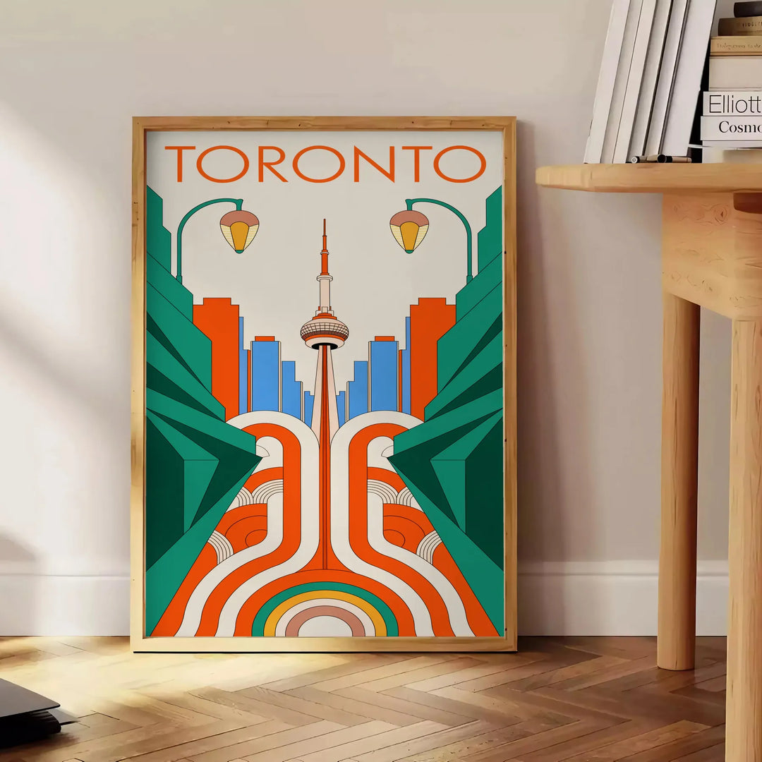 Toronto Art Déco Poster in Orange und Blau zeigt Stadtsilhouette