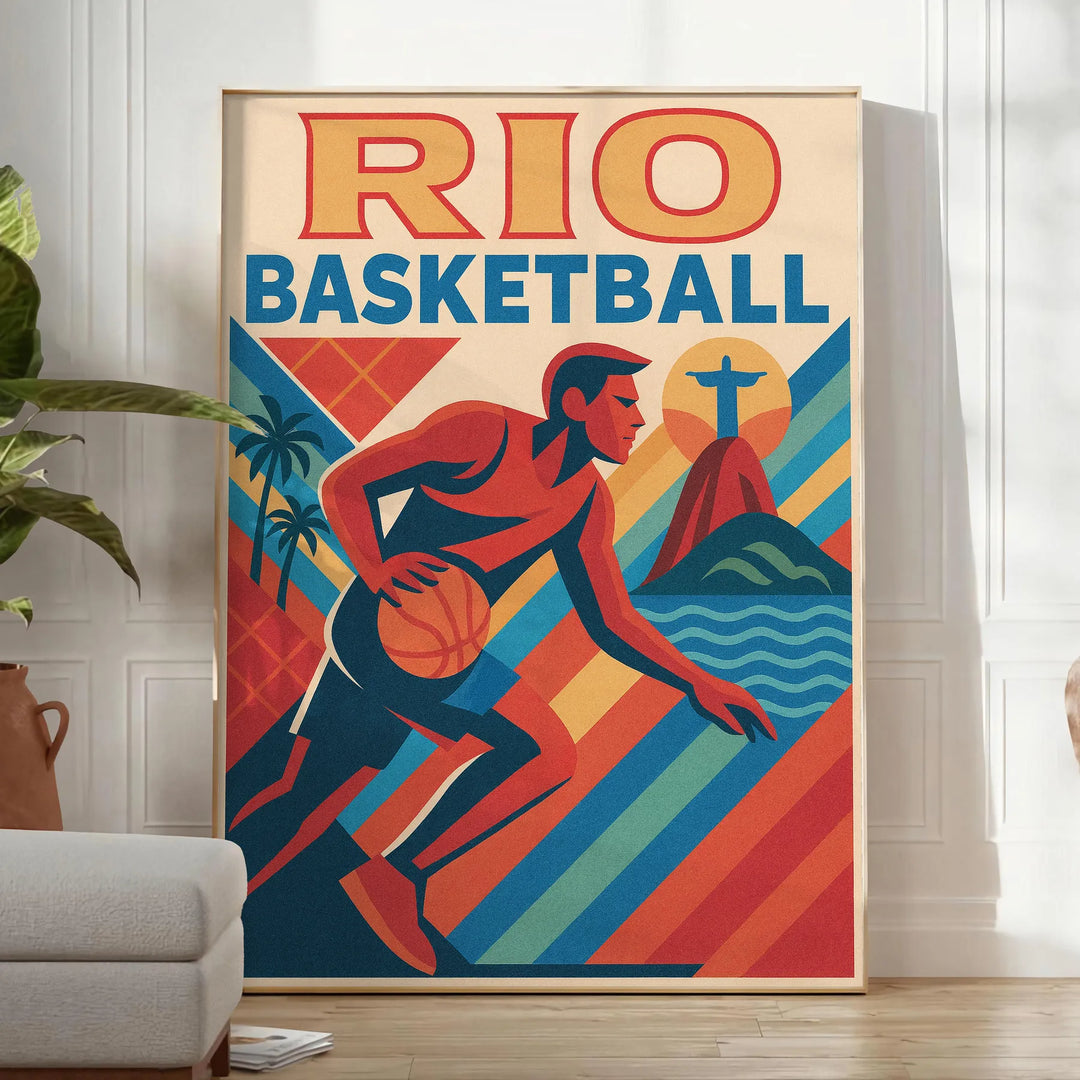 リオ・フットボール・バスケットボールのヴィンテージポスター。アートデコスタイルとスポーツのノスタルジーを融合した美しいポスターです。ファンへのギフトやホームデコレーションに最適。サイズはA4、30x40cm、50x70cmから選べます。