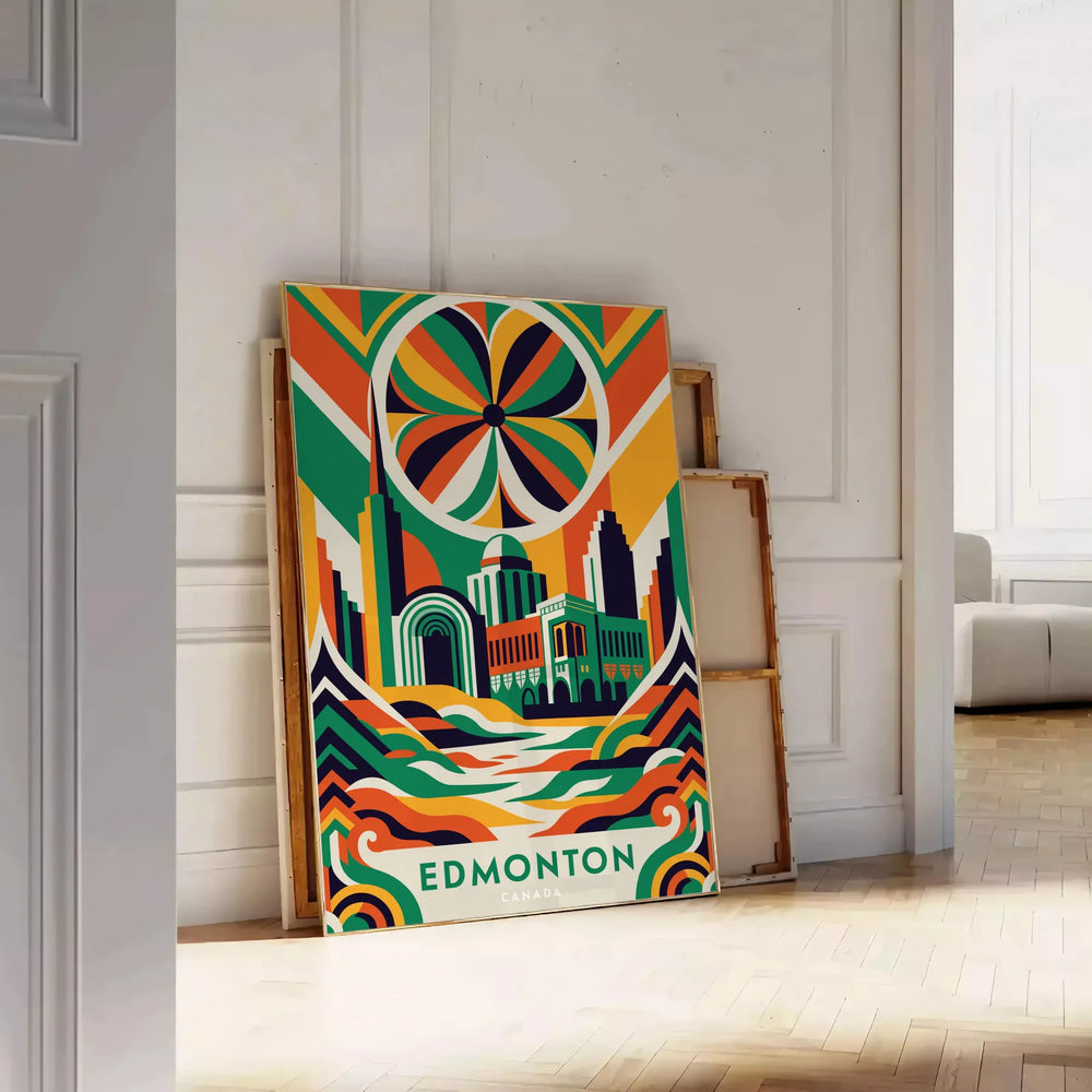 Vintage Art Déco Edmonton poster in green and orange geometric design