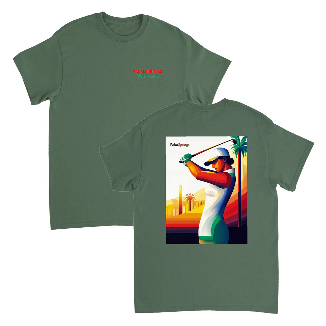 ゴルフパームスプリングスTシャツは、快適さとスタイルを兼ね備えたデザインです。パームスプリングスの陽気な雰囲気を楽しむゴルフ愛好者に最適です。