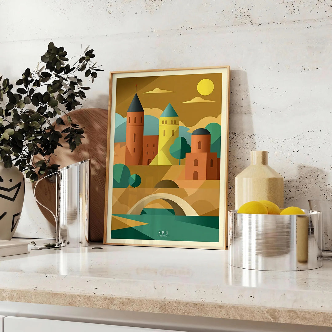 magnifique Affiche vintage Sibiu Roumanie art déco nuances chaudes orange marron murs œuvre originale mesure 50x70 30x40 occasion Acheter pièce unique intérieur disponible option
