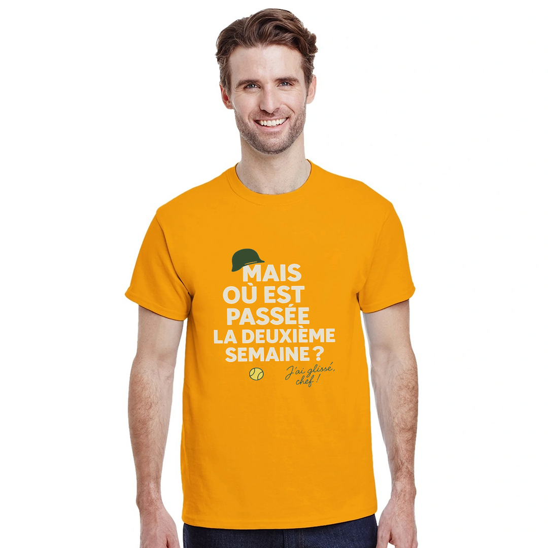 Image Gold de Où est passée la deuxième semaine Tennis Tshirt [color:gold] [view:front]