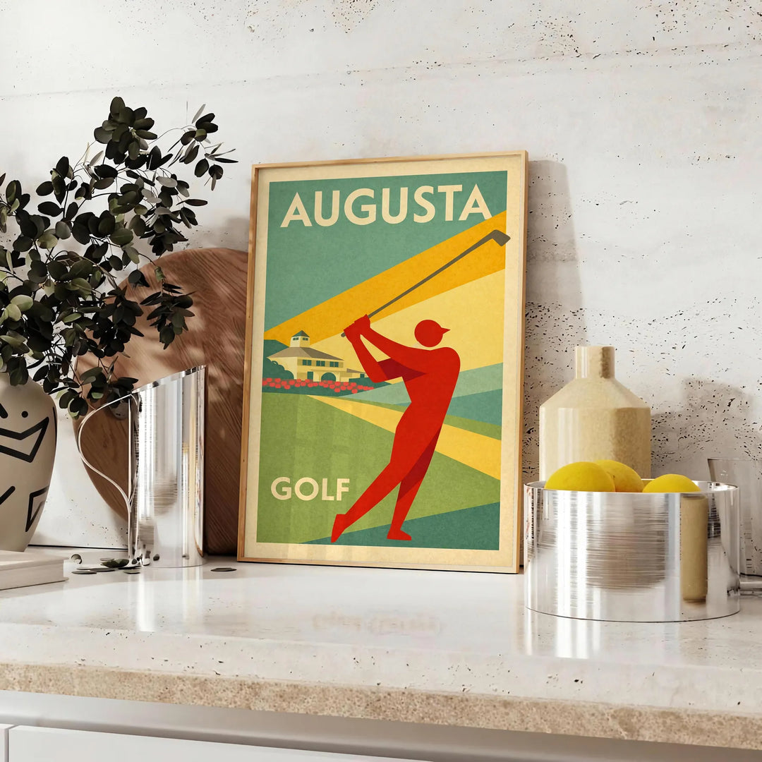 Pôster de estilo vintage apresentando uma cena de golfe em Augusta, Estados Unidos, com tons verdes e laranja