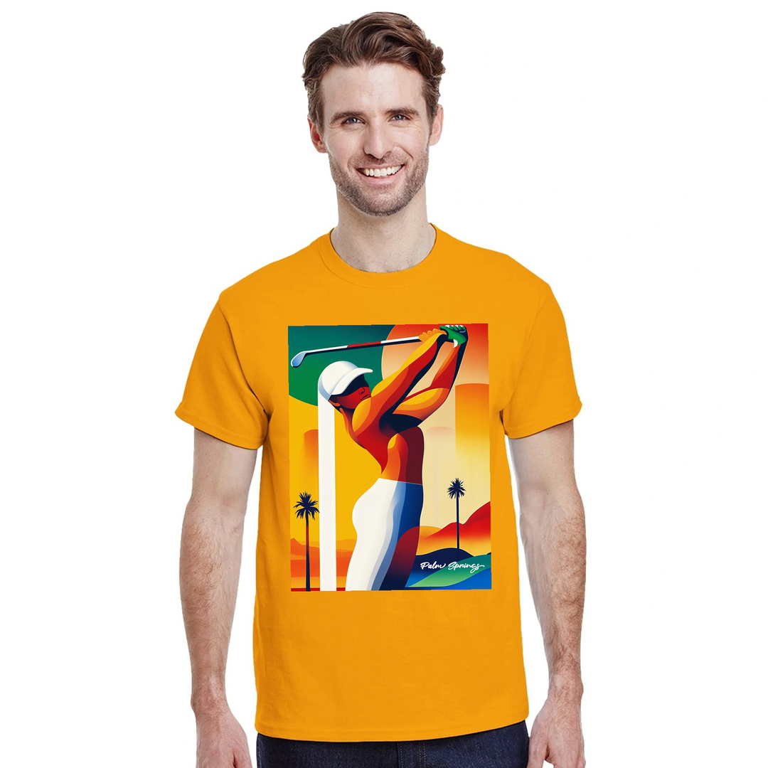 パームスプリングスのゴルフをイメージしたスタイリッシュなTシャツ。快適な着心地と耐久性のあるプレミアムコットンを使用。