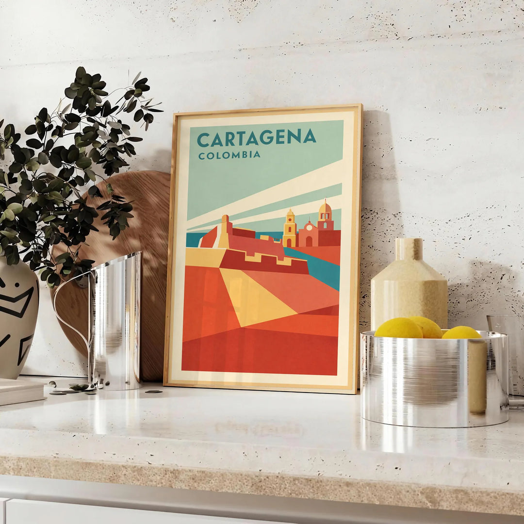 Plakat w stylu Art Deco przedstawiający Cartagena, Kolumbia w kolorach pomarańczowym i niebieskim
