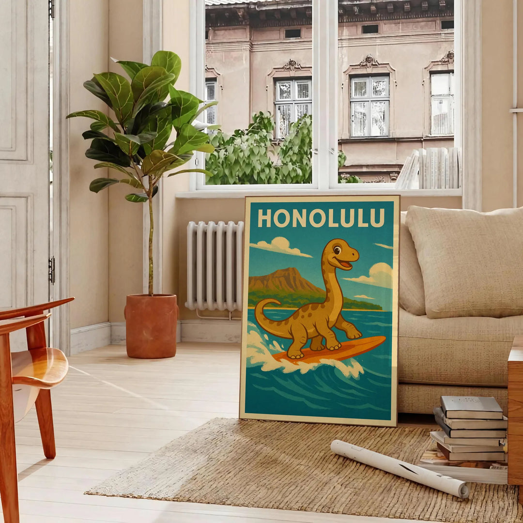 Affiche captivante thème Kid Dinosaur Honolulu Surf chambre enfant teintes vives vert jaune œuvre ludique dimensions cm une touche fun espace tailles A4 A0
