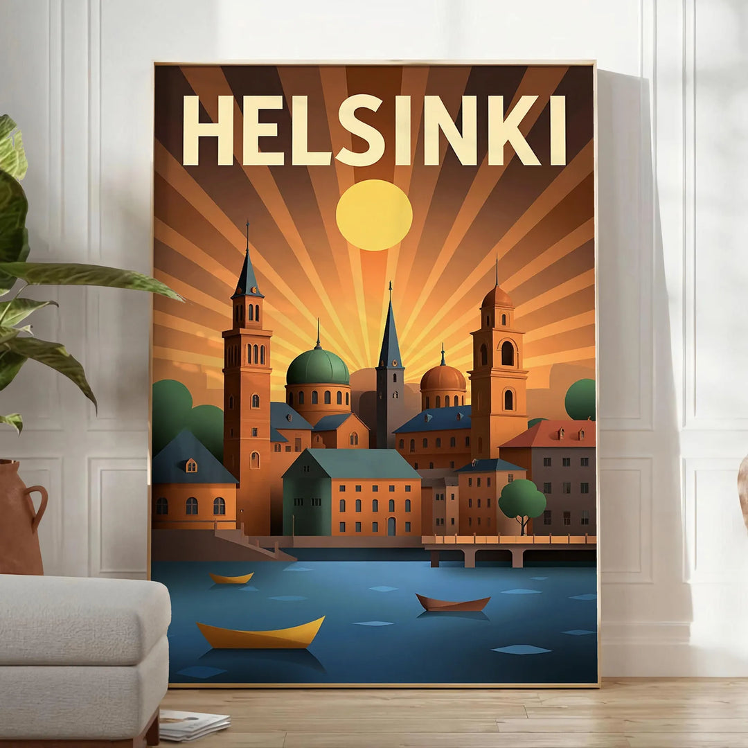 Manifesto vintage Art Déco di Helsinki con illustrazione cittadina grigia e verde.