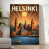 Manifesto vintage Art Déco di Helsinki con illustrazione cittadina grigia e verde.