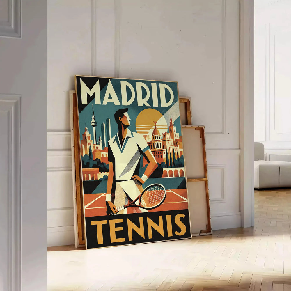 Dynamic tennis player in action against a green and orange background