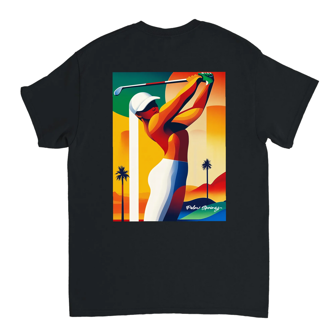 パームスプリングスゴルフTシャツは、明るいデザインが特徴で、ゴルフ場でも普段使いでも活躍する一枚です。サイズはSからXXLまで揃っています。