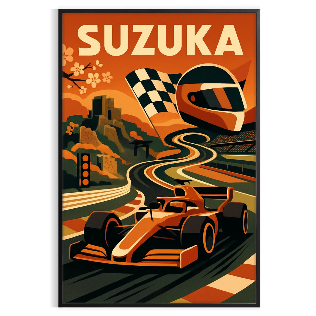 鈴鹿日本F1ポスター。大胆な黒と鮮やかなオレンジの色合いが特徴で、50x70または30x40サイズで提供。レーシングファンのコレクションに最適な目を引くアイテム。フレーム付きまたはなしで購入可能。