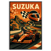 鈴鹿日本F1ポスター。大胆な黒と鮮やかなオレンジの色合いが特徴で、50x70または30x40サイズで提供。レーシングファンのコレクションに最適な目を引くアイテム。フレーム付きまたはなしで購入可能。