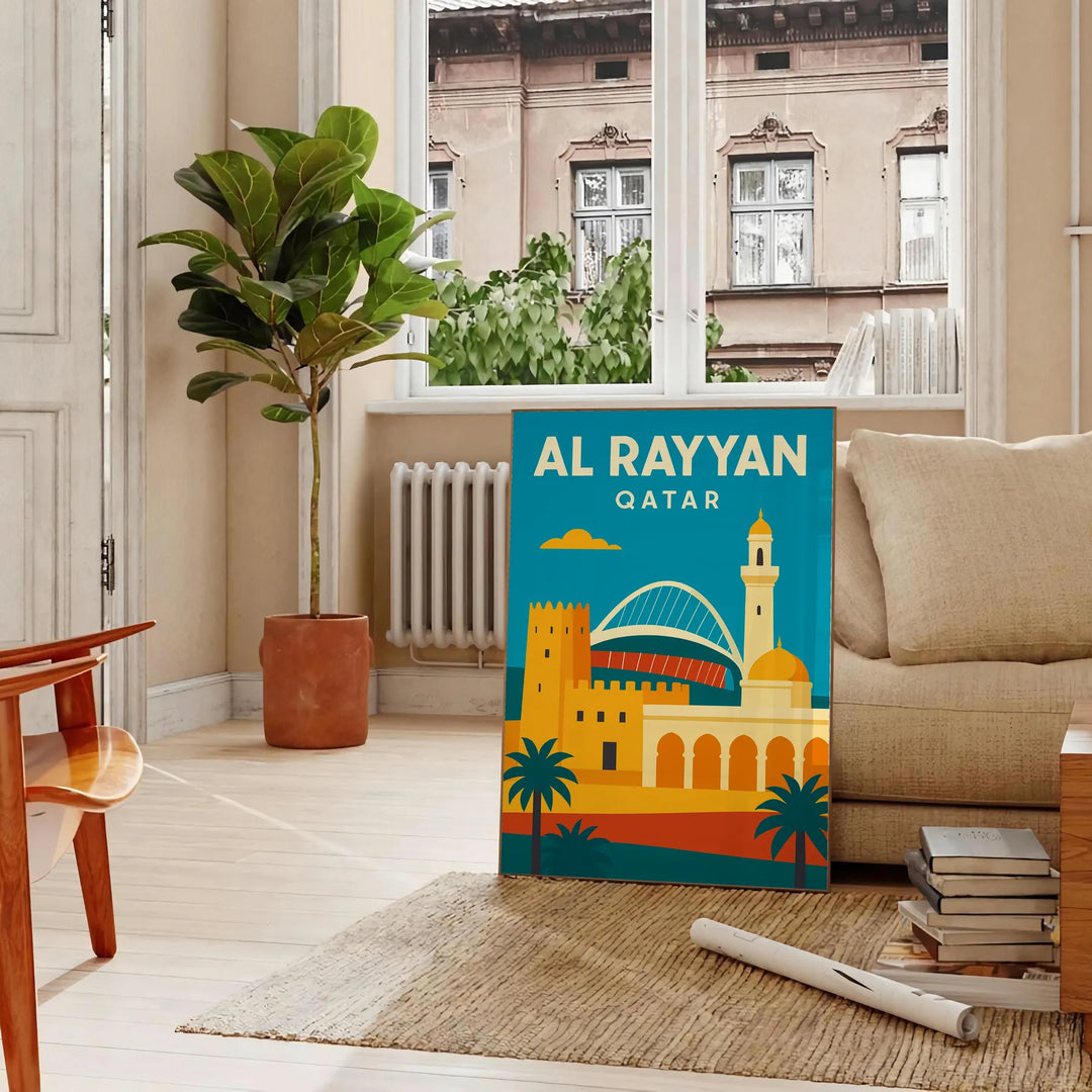Stylized Al Rayyan, Qatar cityscape poster with bold green and red tones