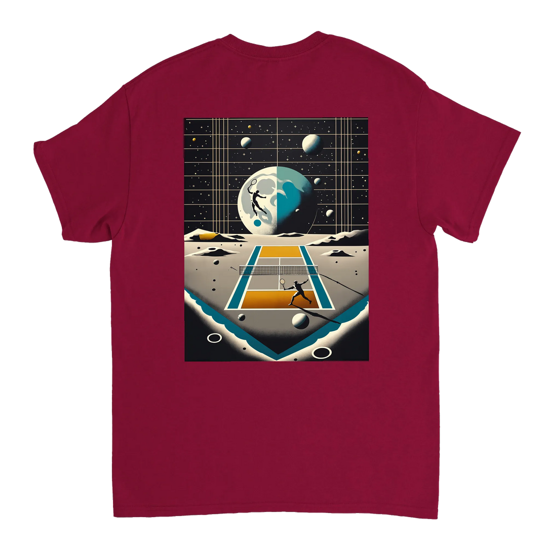 T-shirt Tennis Moon, design unico per appassionati di tennis e amanti delle stelle, realizzato in 100% cotone per il massimo