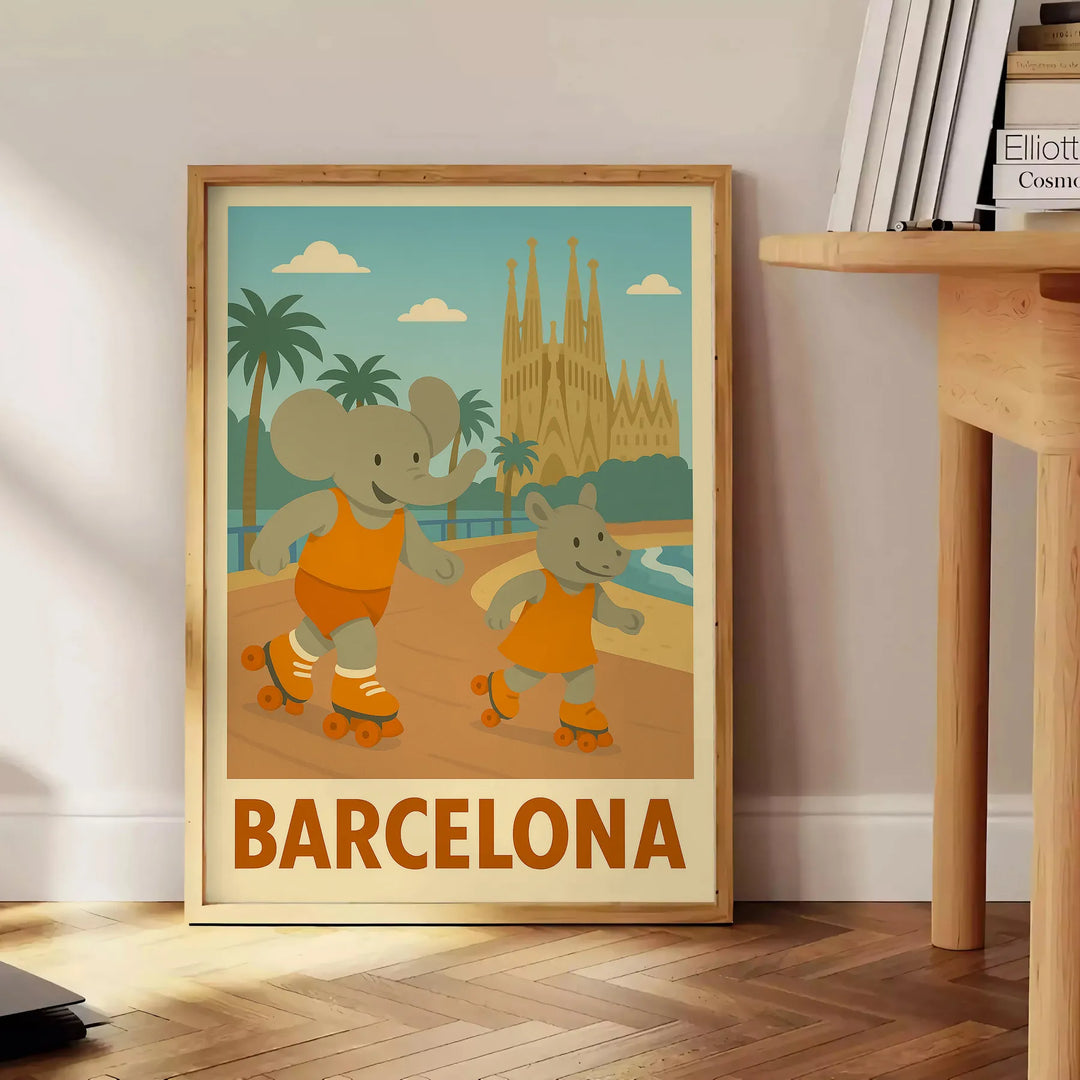 バルセロナの遊び心満載の子供用象とサイのポスターデザイン。グレーとグリーンの色合いが特徴で、子供部屋にぴったりのアイテムです。