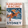 Färgglad poster med kangaroo racing i Sydney, perfekt för djurälskare och sportentusiaster. Finns i flera storlekar