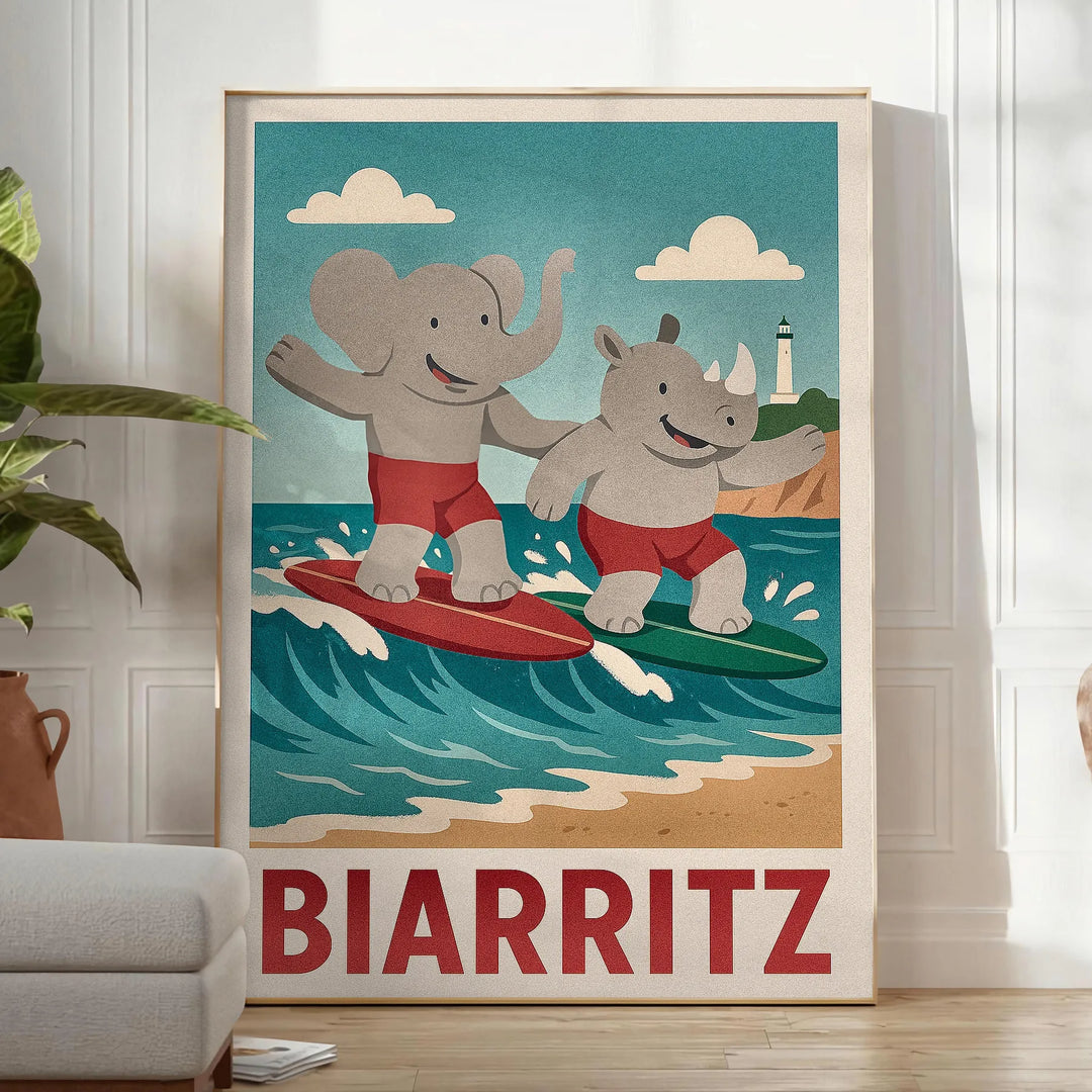 Póster Biarritz Kids Surf con un elefante juguetón y un rinoceronte atrevido, ideal para habitaciones infantiles o guarderías