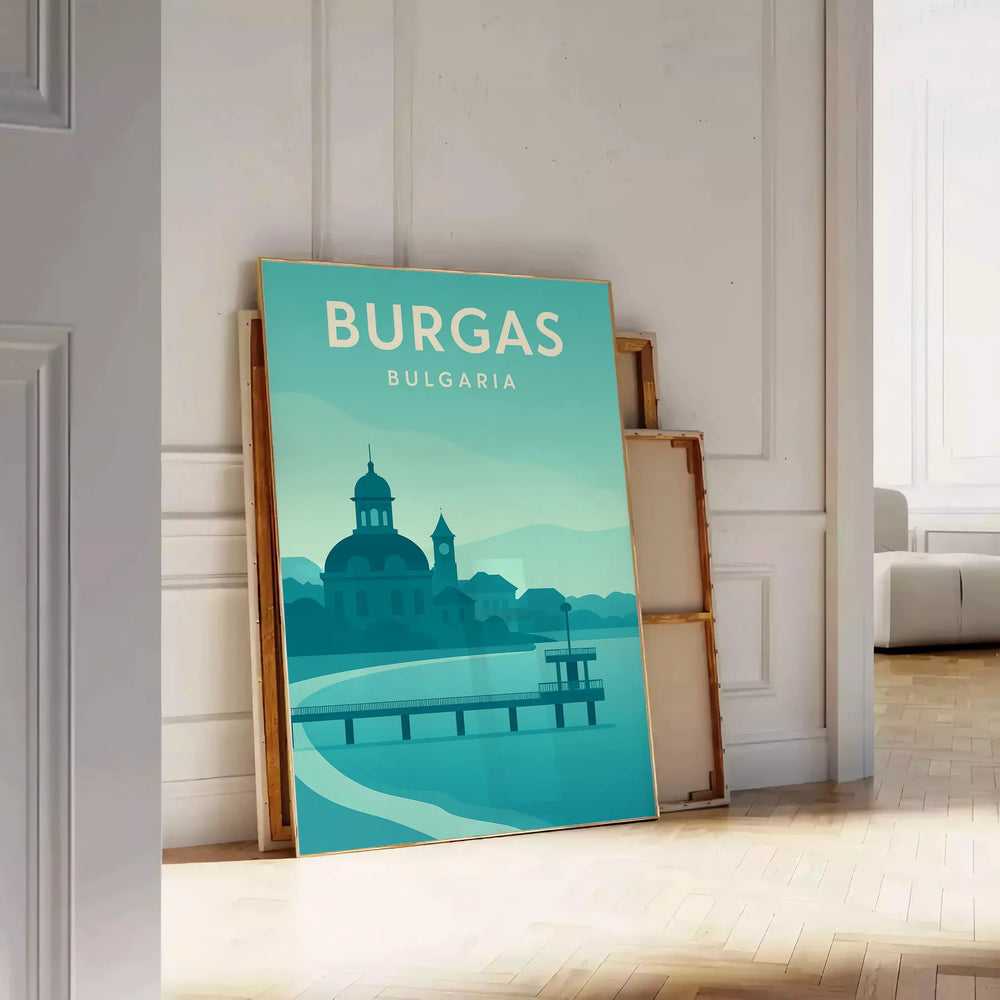 Poster showing stylized Burgas cityscape artwork in blue and green tones