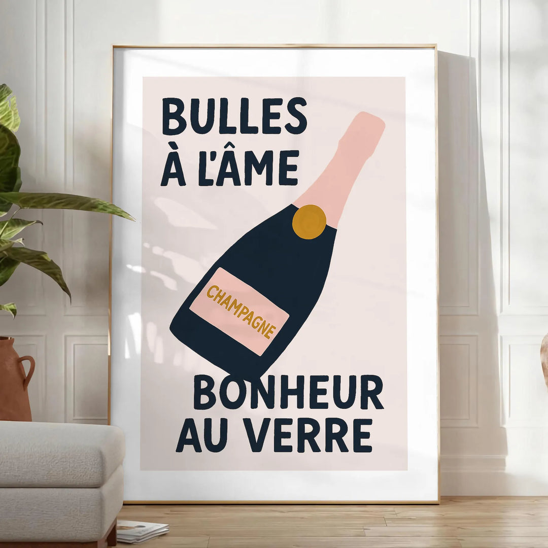 Pôster de Champagne para cozinha com tons elegantes de verde e preto, disponível em formatos 50x70 cm e 30x40 cm, emoldurado