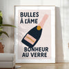 Pôster de Champagne para cozinha com tons elegantes de verde e preto, disponível em formatos 50x70 cm e 30x40 cm, emoldurado