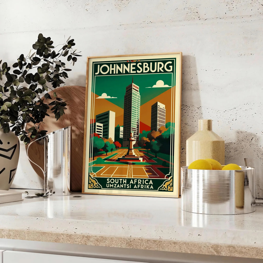 charm Johannesburg vintage travel poster stunning Art Deco designs sophisticated gray brown hues decor essence South Africa vibrant history space unframed options perfect look