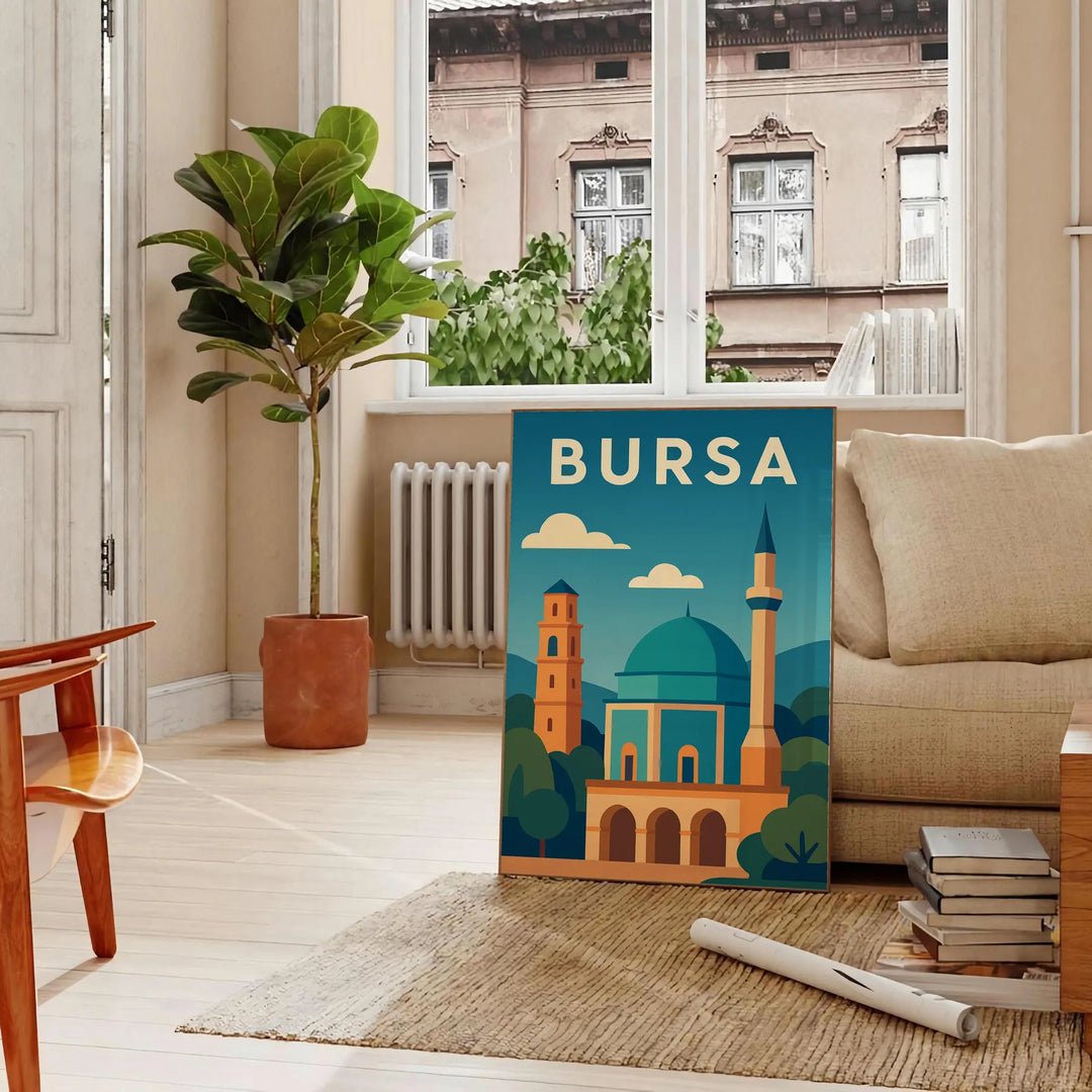Green and blue stylized Bursa, Turkey travel poster with architectural skyline illustration