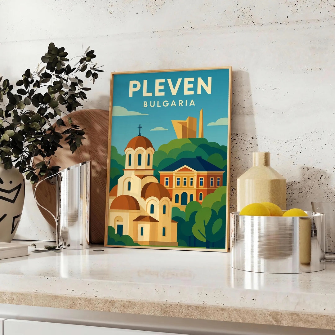 Stylized Pleven, Bulgaria travel poster in blue and yellow